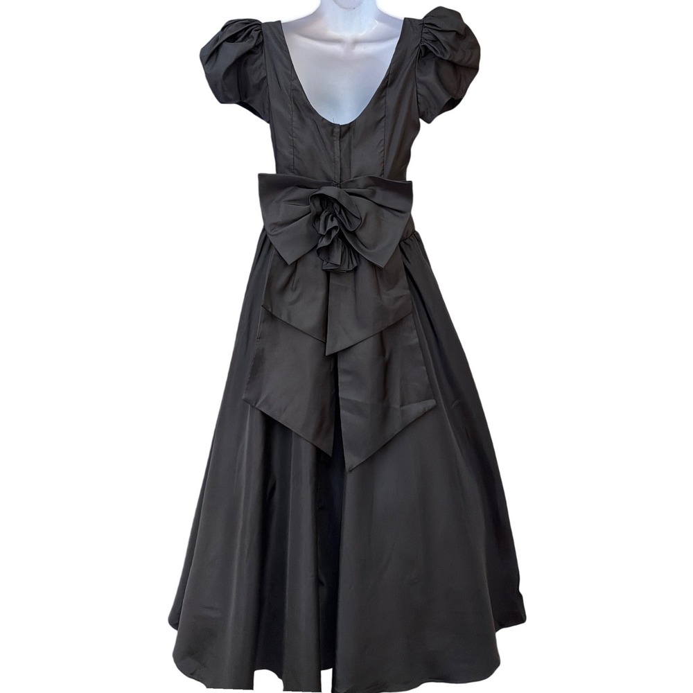 80s ILGWU Black Taffeta Gown Puff Sleeve Oversized Bow Goth Victorian Regency